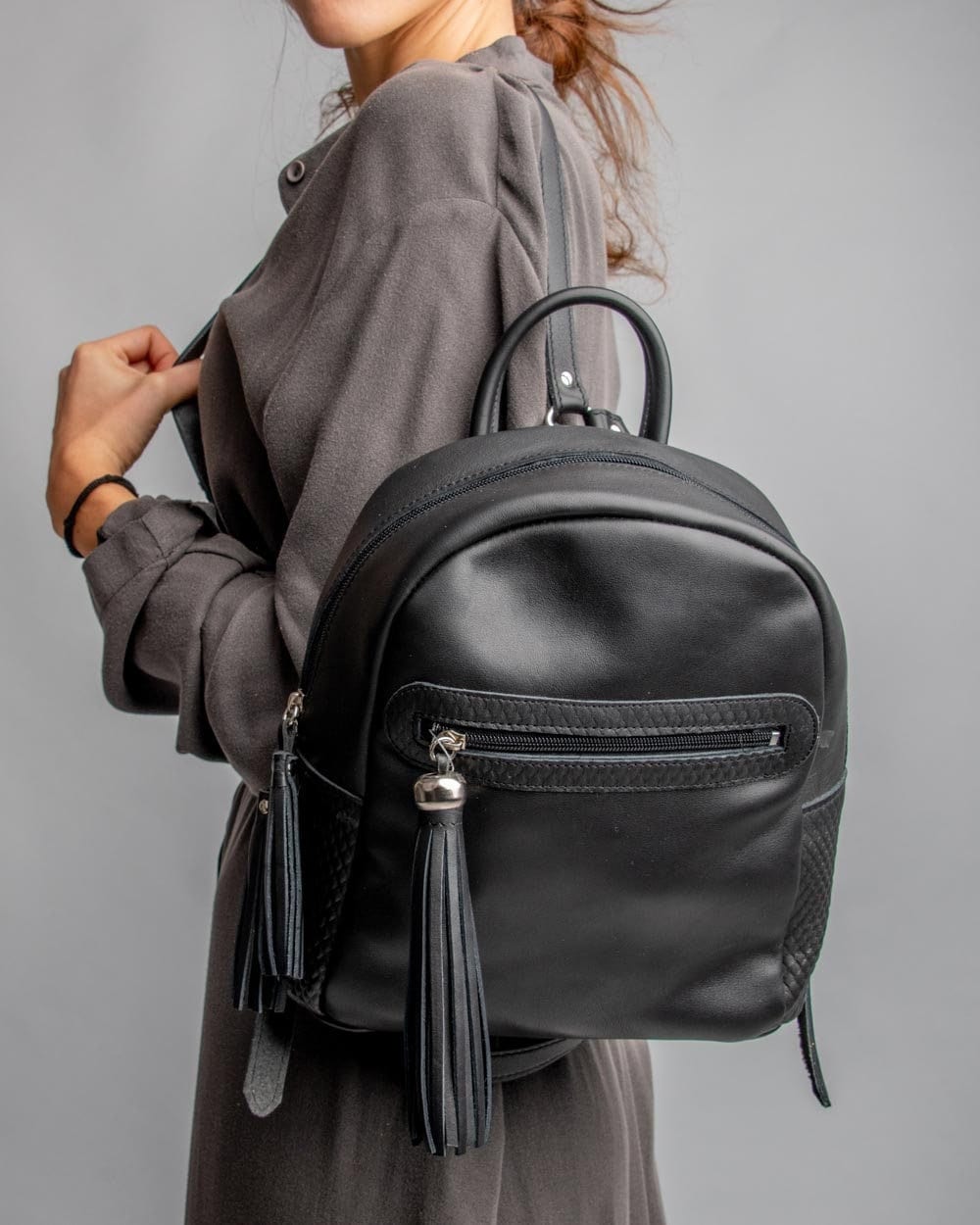 Womens black leather backpack, Soft leather backpack for everyday use, Boho backpack purse
