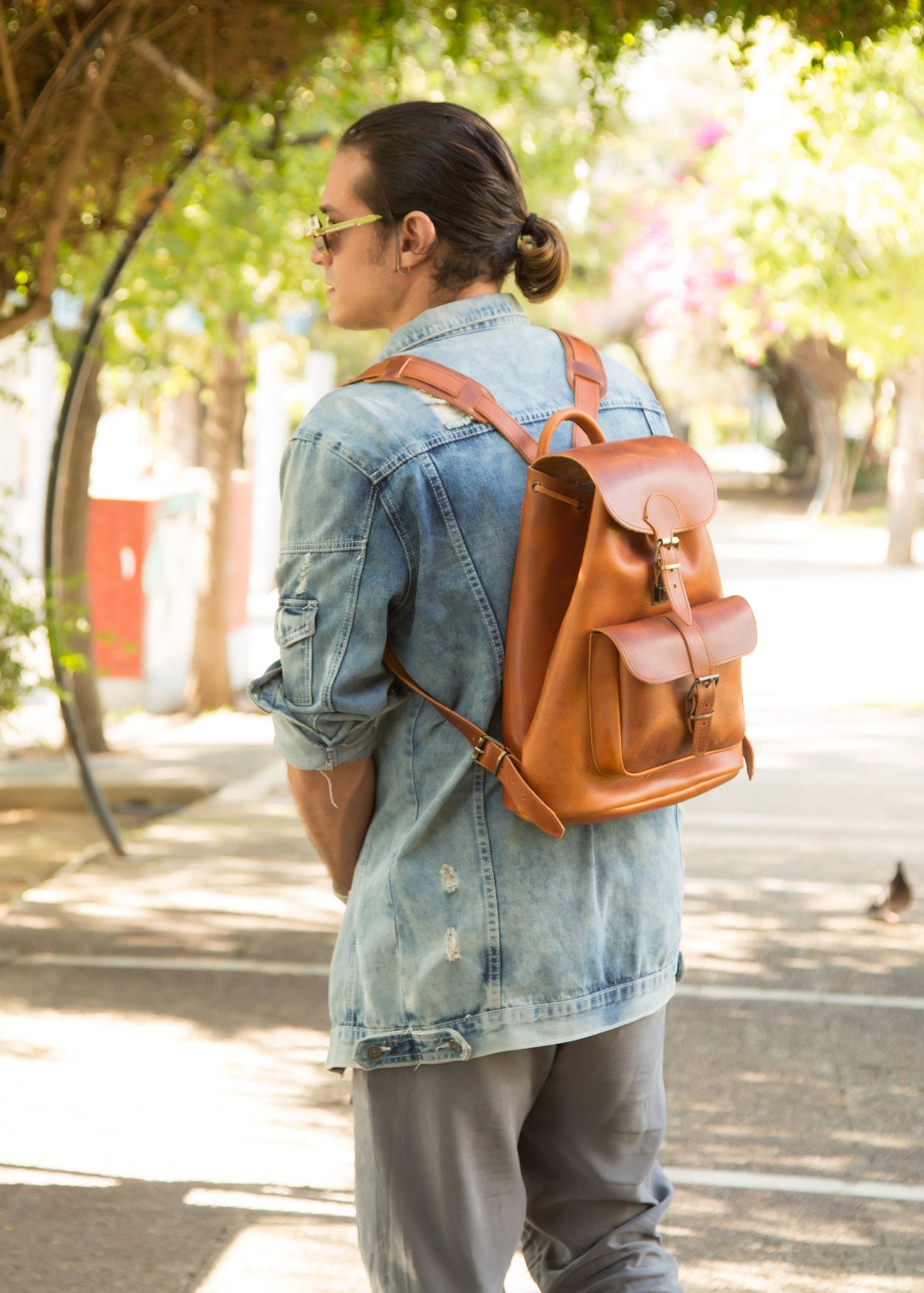 Men's full grain boho leather backpack, Minimalist leather satchel backpack, Large leather travel backpack,