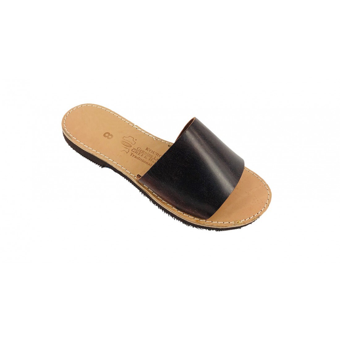Slide Greek leather sandals, leather slippers women, Flat black leather sandals, Sandales grecques cuir