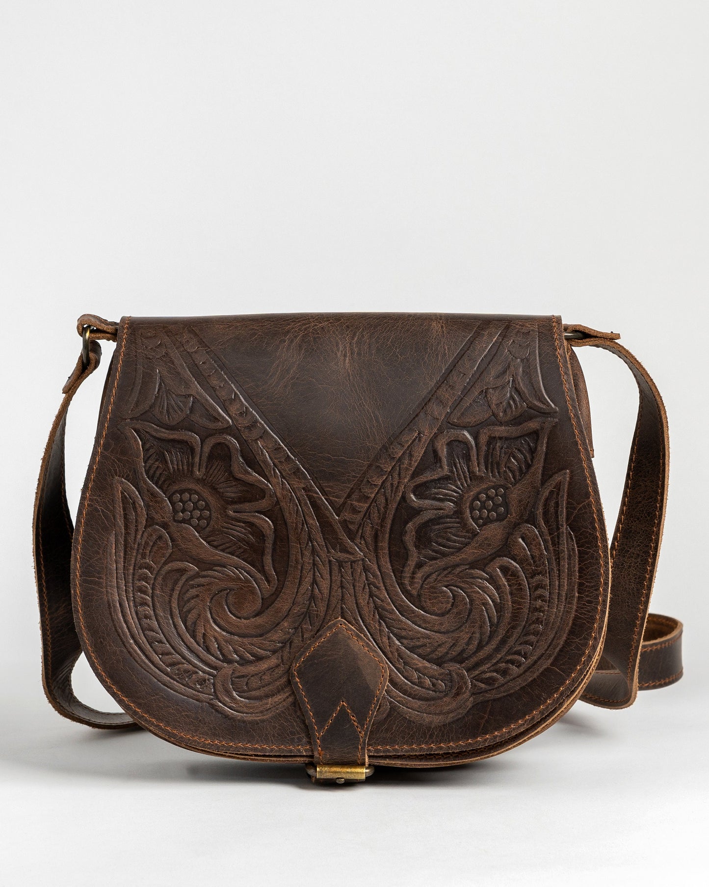 Womens tooled leather crossbody bag, Leather saddle bag purse, Hand tooled vintage leather purse, Large crossbody bag, Leather satchel bag